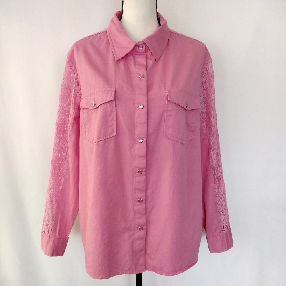 Koret Pink Snap Button Sheer Lace Sleeve Cotton Jacket